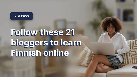 ChatGPT A promotional image for YKI Pass encouraging users to "Follow these 21 bloggers to learn Finnish online." It features a woman sitting on a couch, using a laptop, suggesting online study resources for the YKI test.